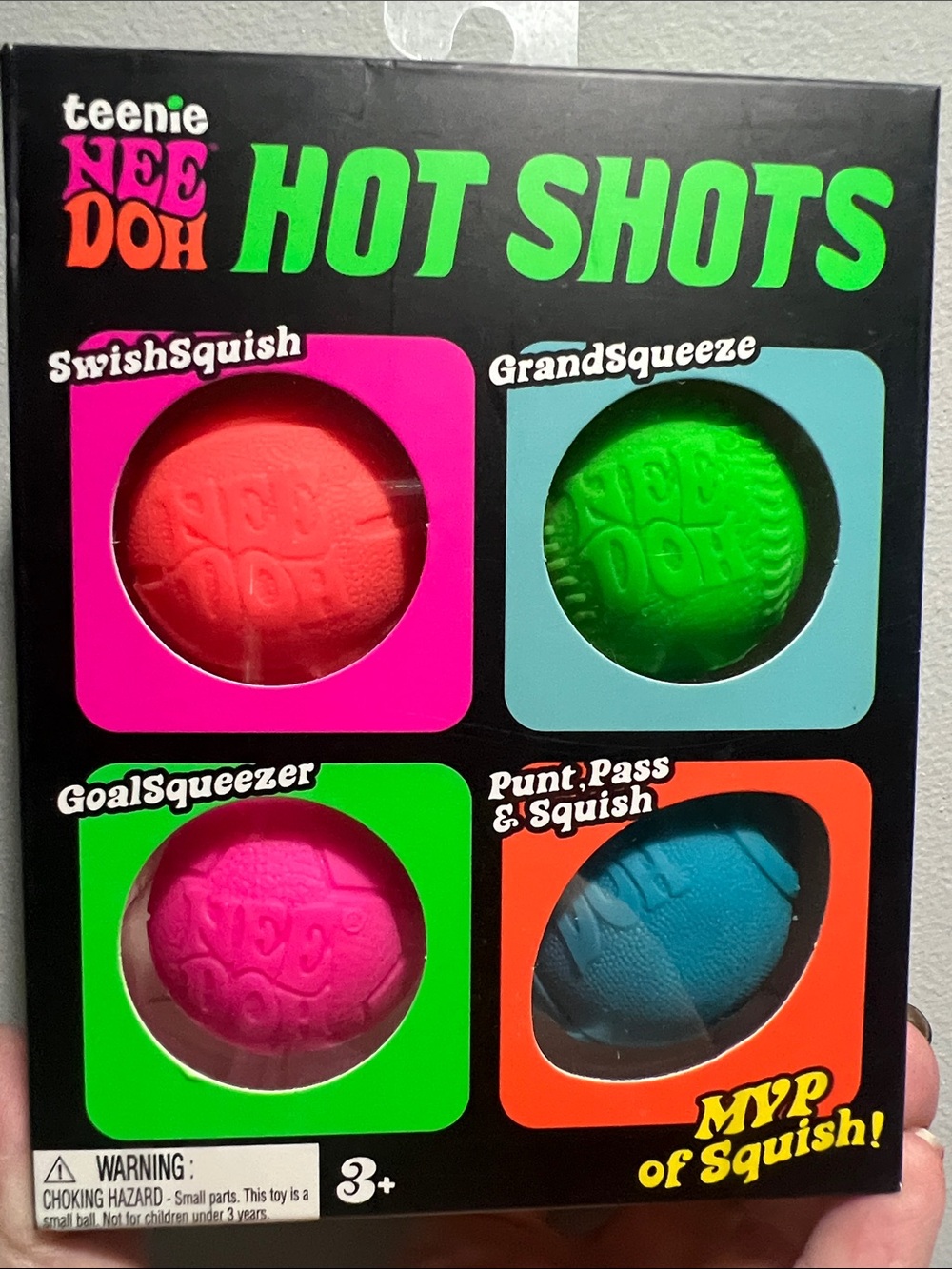 teenie NEE DOH Hot Shots 4-Pack Kids Squishy Balls - Pink, Green, Blue, Orange